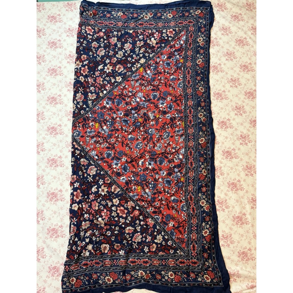 Ann Taylor LOFT Floral Border Scarf Wrap Shawl Navy Red 50x51